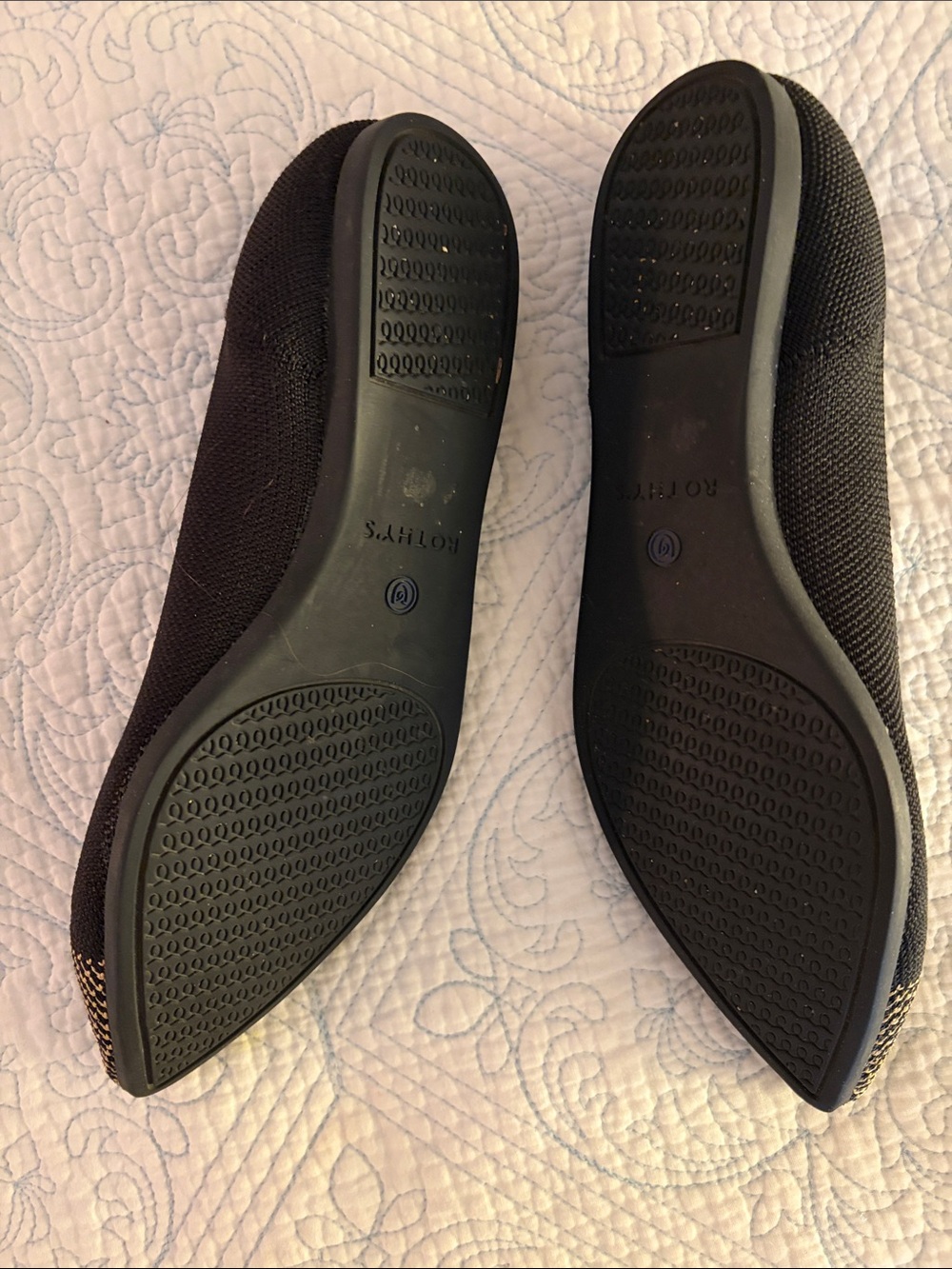 Rothy's Black Knit Pointed Flats with Gold Toe and Blue Trim - Picture 3 of 5